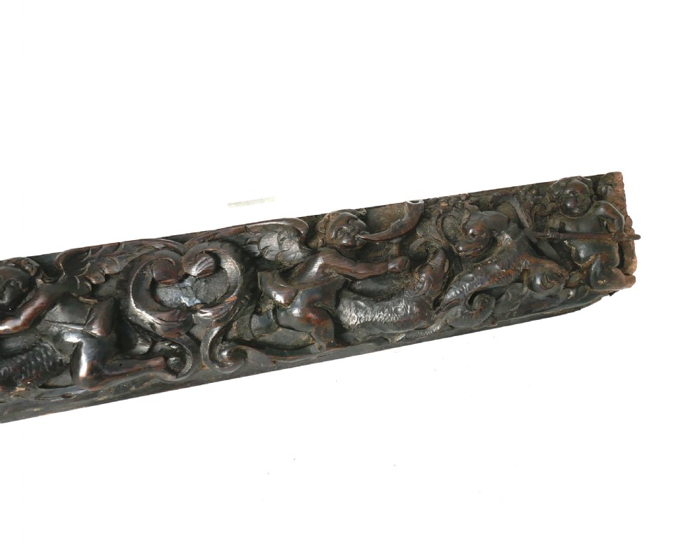 Antique Early Carving 17thc Oak Drawer Front Decorated With Hunting Putti And Hounds.  Flemish C1660-80 View III