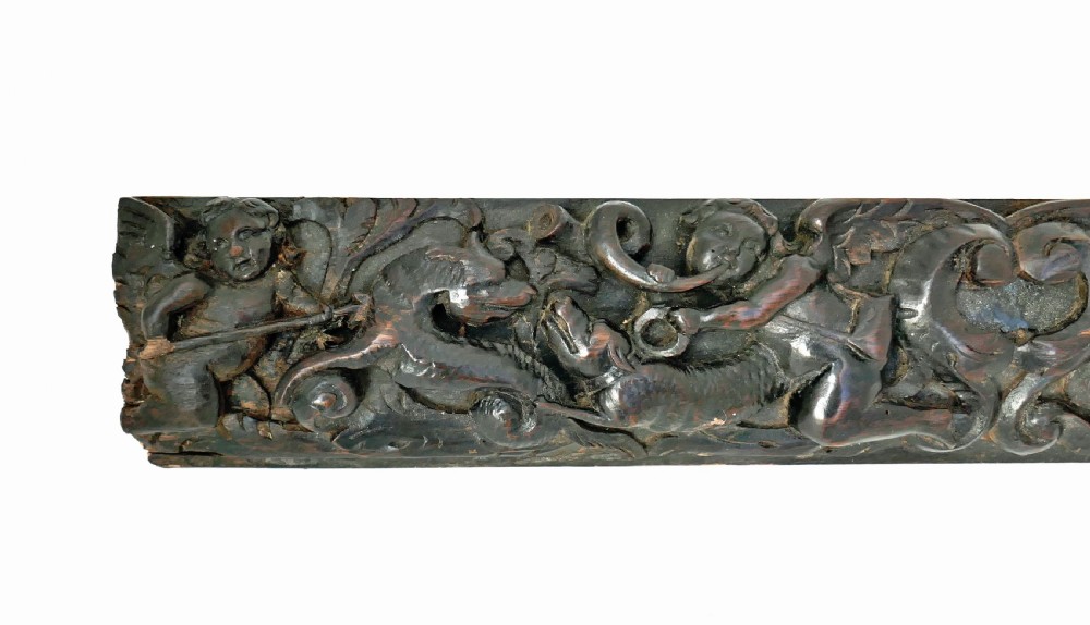 Antique Early Carving 17thc Oak Drawer Front Decorated With Hunting Putti And Hounds.  Flemish C1660-80 View IV