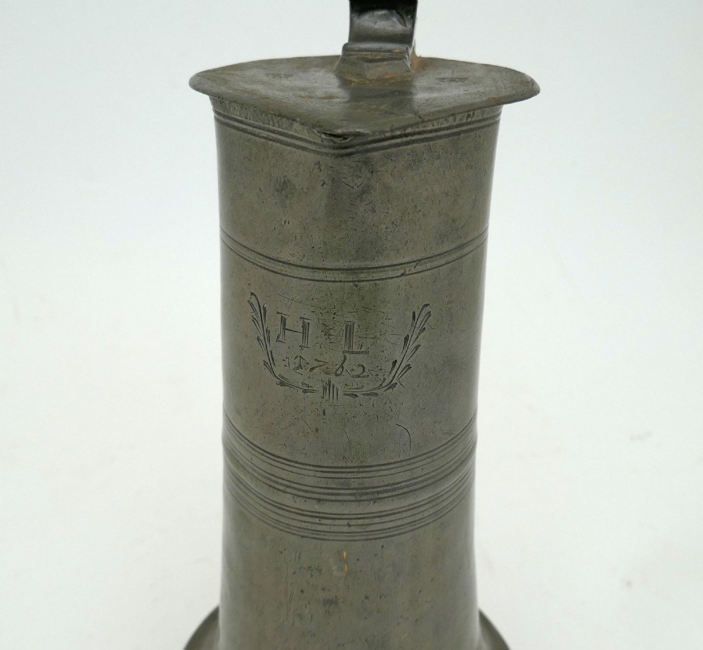 Antique Early Metalware 17thc / 18thc Pewter Flagon Dated 1762.    Scottish C1680-1720. View II