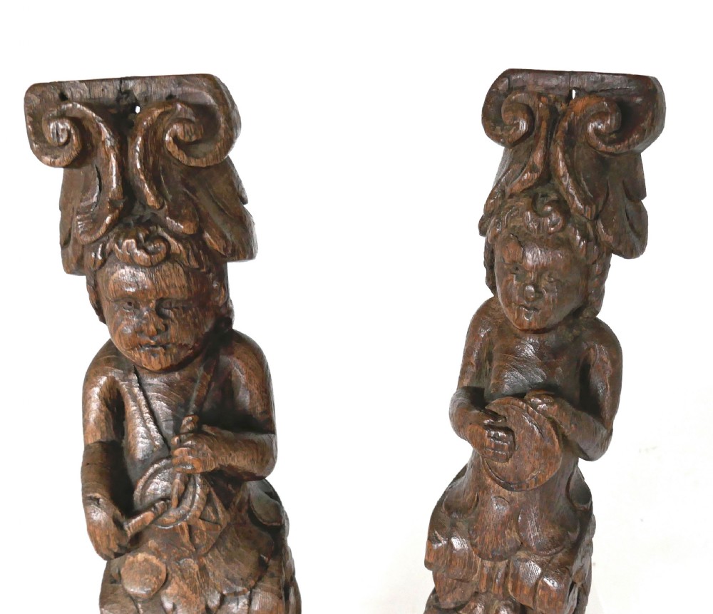 Antique Pair Of Early Carvings 17thc Flemish Oak Caryatids With Playing Musical Instruments. C1640-60. View VI