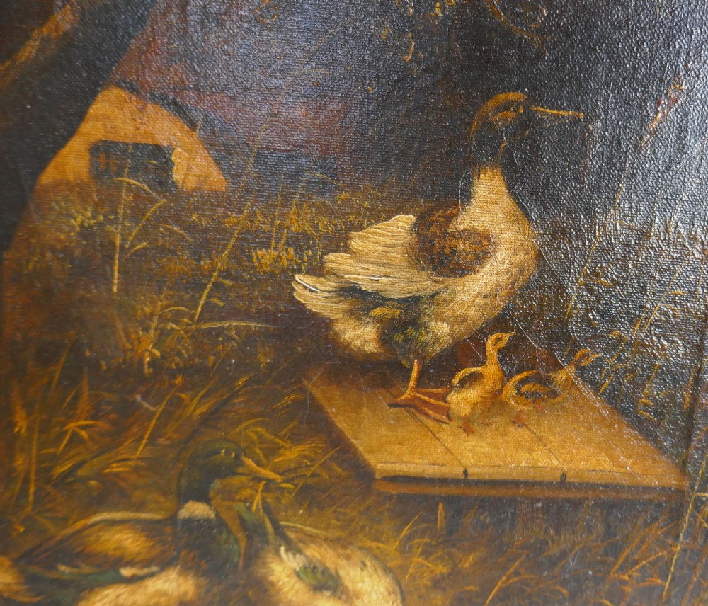 Antique 19thc Oil Painting In A Rural Setting Of Ducks And Farmyard.  English C1860-80. View II