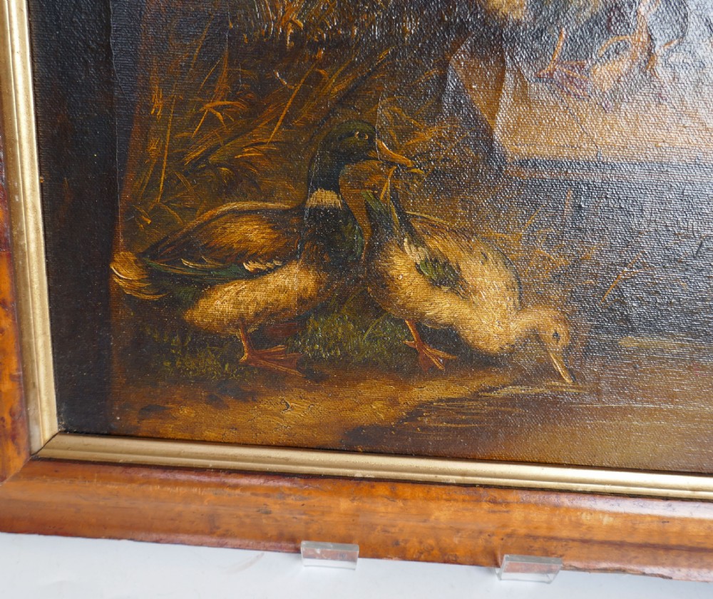 Antique 19thc Oil Painting In A Rural Setting Of Ducks And Farmyard.  English C1860-80. View IV