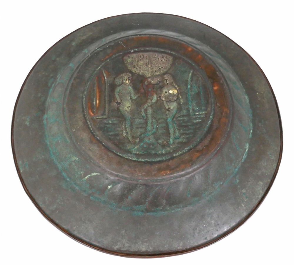 Antique Early Metalware 16thc Brass Adam & Eve Alms Dish.  German C1550-70 View III