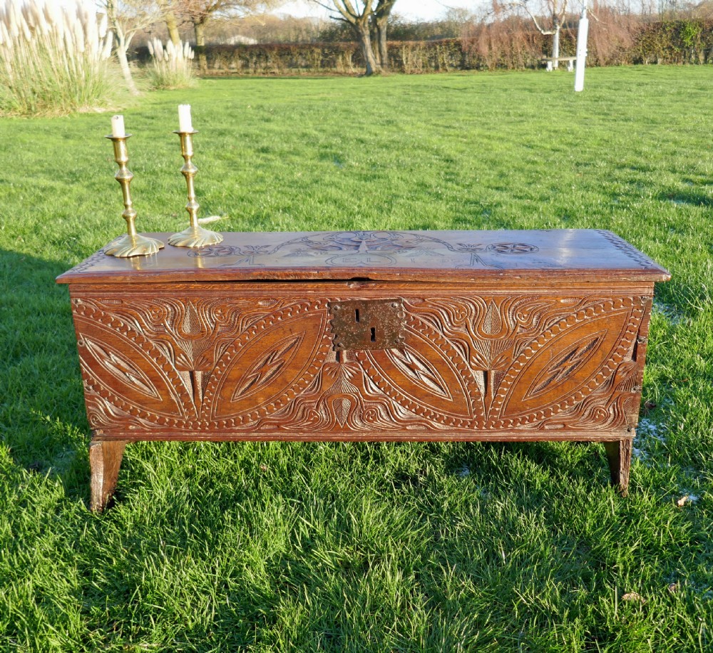Antique Early Country Furniture 17thc Period Oak Joined Carved Coffer.  English C1620-40.