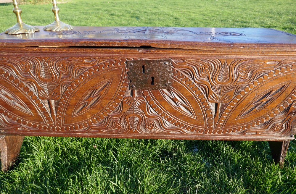 Antique Early Country Furniture 17thc Period Oak Joined Carved Coffer.  English C1620-40. View II