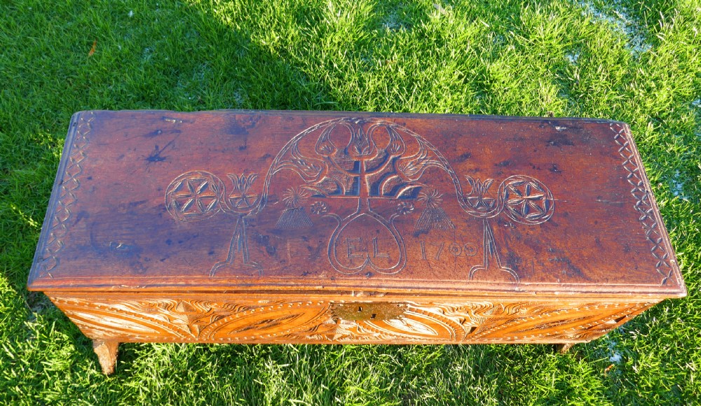 Antique Early Country Furniture 17thc Period Oak Joined Carved Coffer.  English C1620-40. View III
