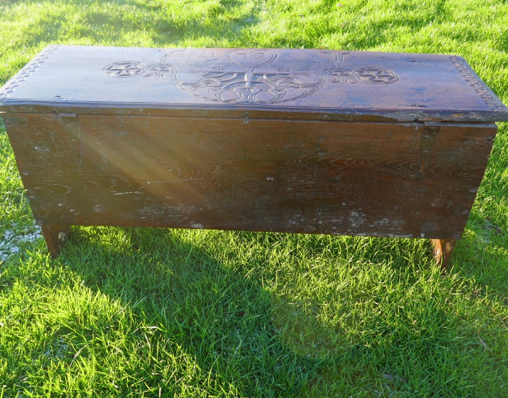 Antique Early Country Furniture 17thc Period Oak Joined Carved Coffer.  English C1620-40. View V