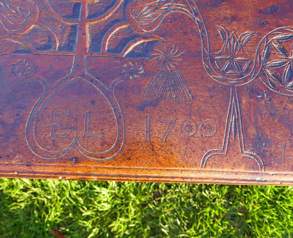 Antique Early Country Furniture 17thc Period Oak Joined Carved Coffer.  English C1620-40. View VII