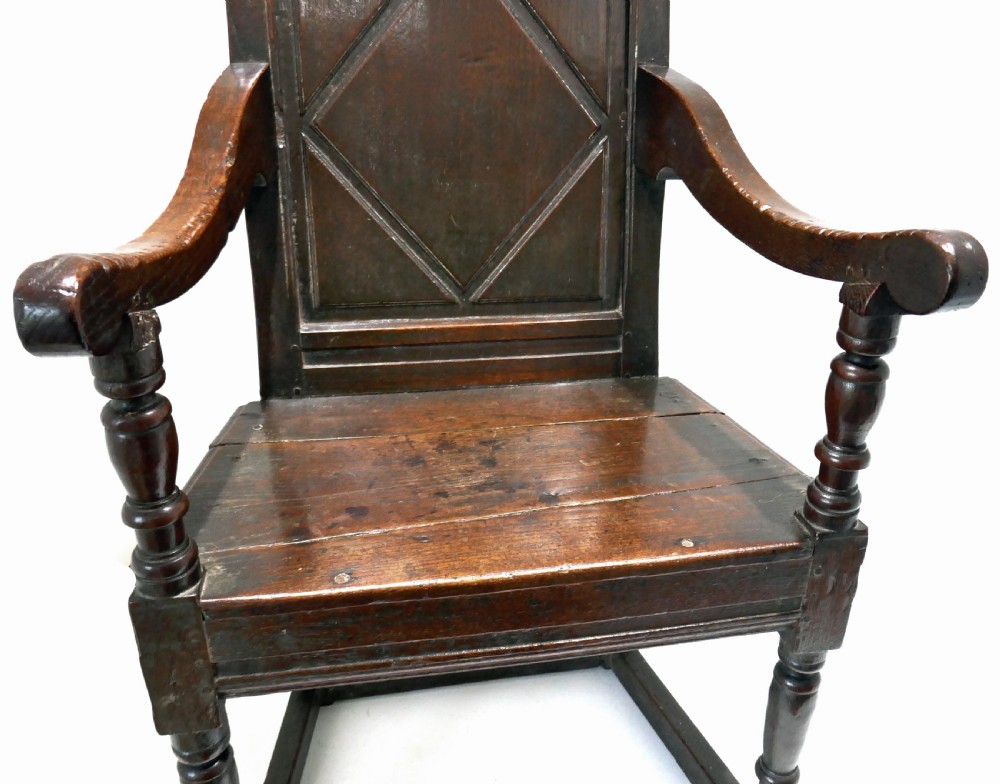 Antique Early Oak Furniture 17thc Charles 1 Joined Wainscot Armchair.   English C1620-40. View V