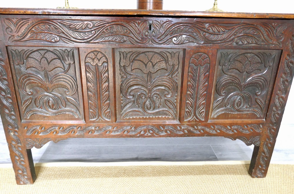 Antique Furniture Early 17thc Period Oak Joined Panelled Carved Coffer.    English C1620-40. View II