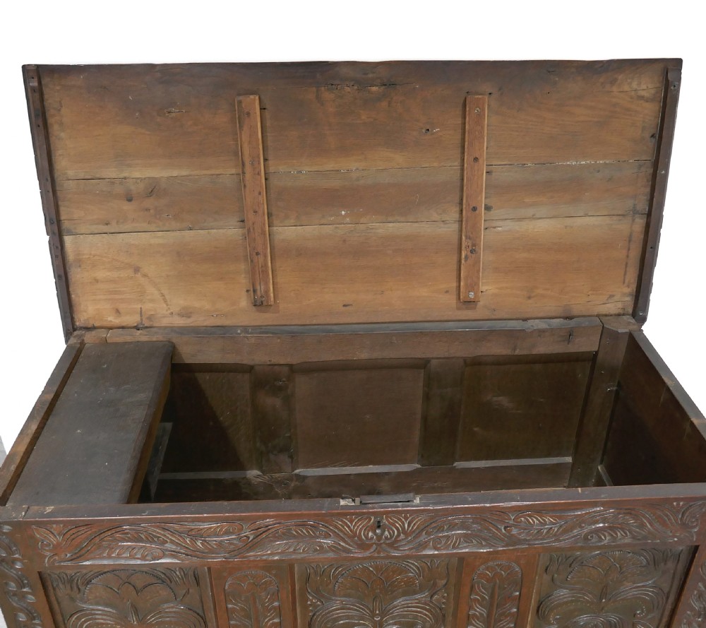 Antique Furniture Early 17thc Period Oak Joined Panelled Carved Coffer.    English C1620-40. View V