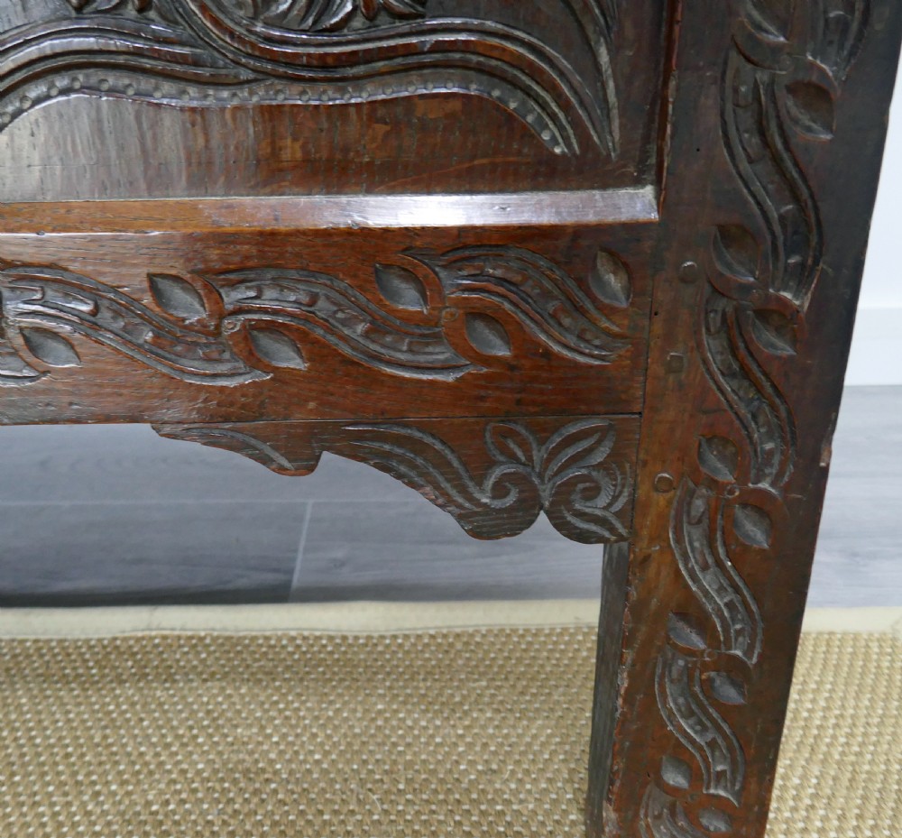 Antique Furniture Early 17thc Period Oak Joined Panelled Carved Coffer.    English C1620-40. View X