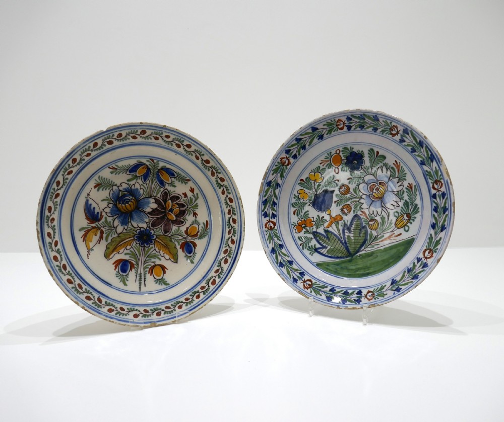 Antique Early Pottery Two 18thc Polychrome Delft Chargers.   Dutch C1760-80.