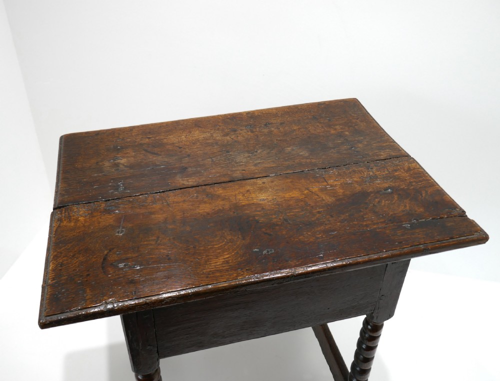 Antique Period Oak 17thc Furniture Charles 11 Small Side Table With Turned Bobbin Legs. English C1660-70. View V