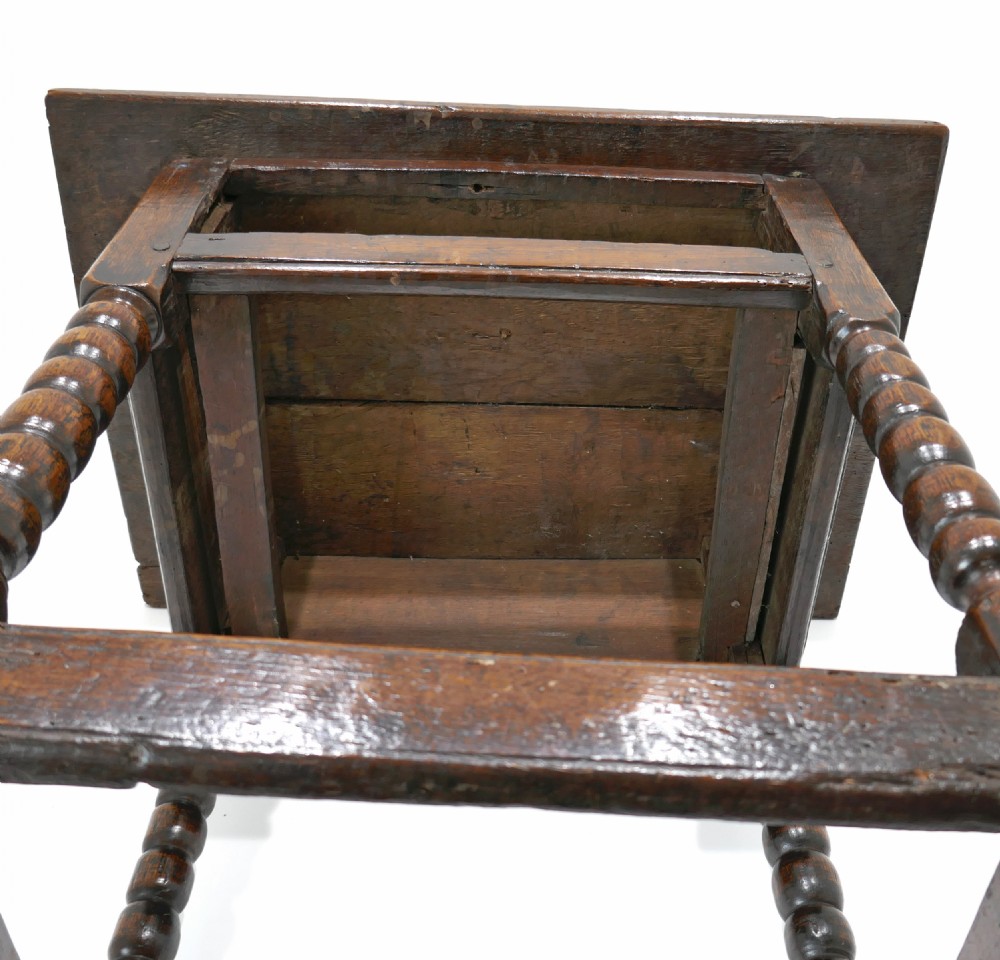 Antique Period Oak 17thc Furniture Charles 11 Small Side Table With Turned Bobbin Legs. English C1660-70. View X