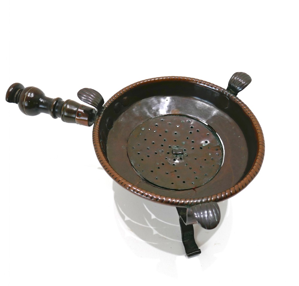 Antique Early Metalware 17thc /18thc Copper Chafing-Dish With Fruitwood Turned Handle.   Probably Dutch C1680-C1720.