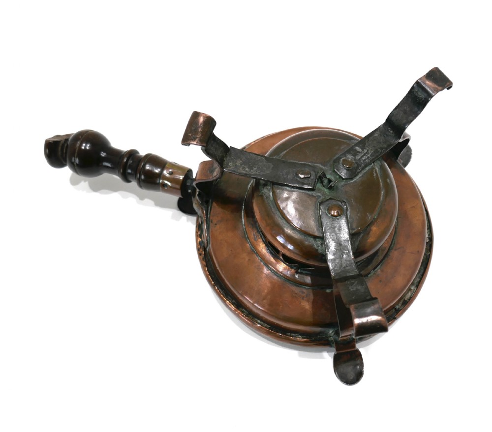 Antique Early Metalware 17thc /18thc Copper Chafing-Dish With Fruitwood Turned Handle.   Probably Dutch C1680-C1720. View IV