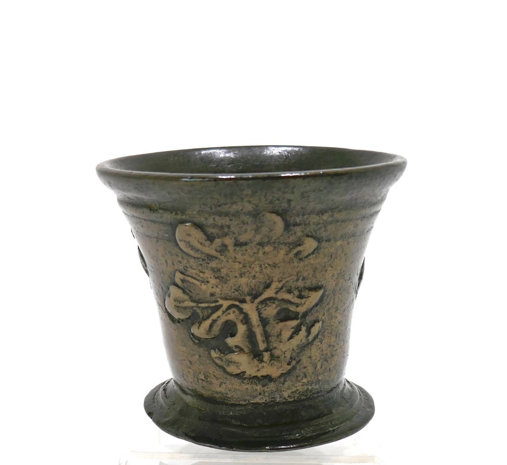 Antique Early Metalware 17thc Bronze Mortar Decorated With Oak Leaves.    English C1670-90. View II