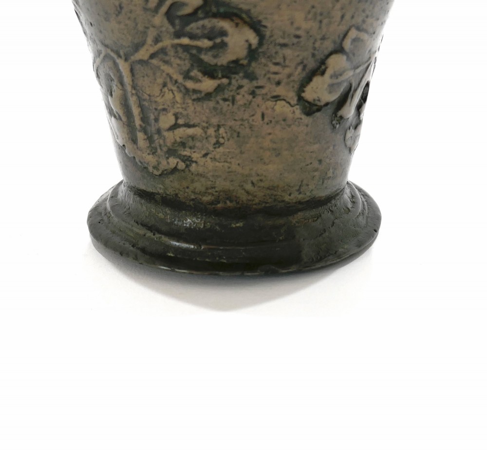 Antique Early Metalware 17thc Bronze Mortar Decorated With Oak Leaves.    English C1670-90. View IV