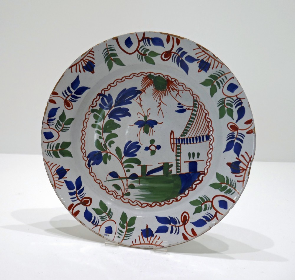Antique Early Pottery 18thc Polychrome Single Delftware Charger.  English / Bristol C1760-80.