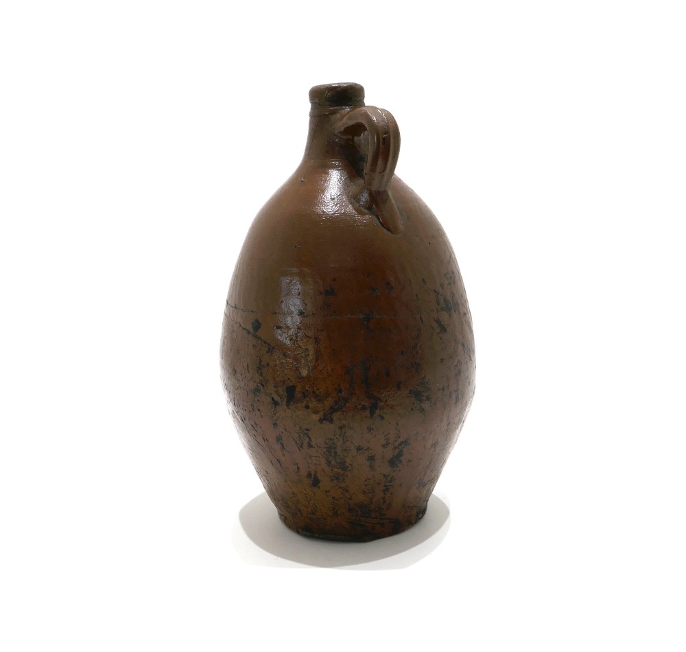An 18th-century salt-glazed brown stoneware flagon featuring a bulbous body, narrow neck, loop handle, and an impressed number two on the shoulder. View III