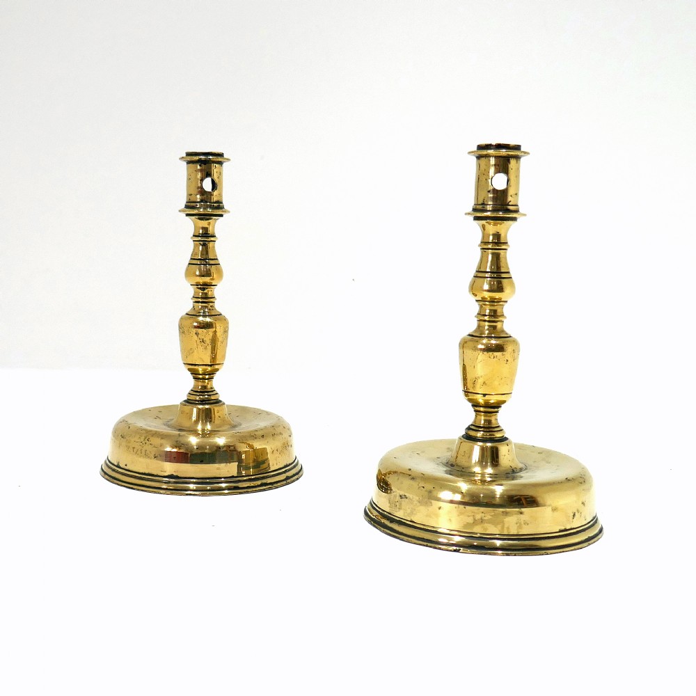 Antique Early Lighting Pair Of 17thc Brass Candlesticks. Continental C1670-80.