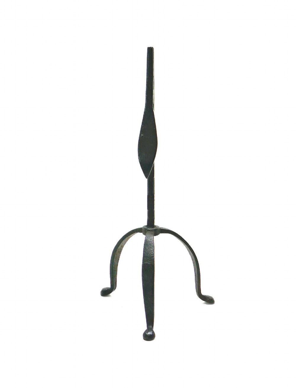 An eighteenth-century hand-forged wrought iron rushlight holder with a spring-action clamp and a tripod base. View II