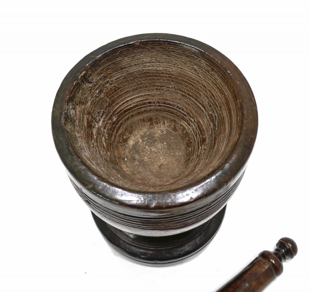 Antique Early Treen & Kitchenalia 17thc Fruitwood Pestle & Mortar.  English C1660-80. View III