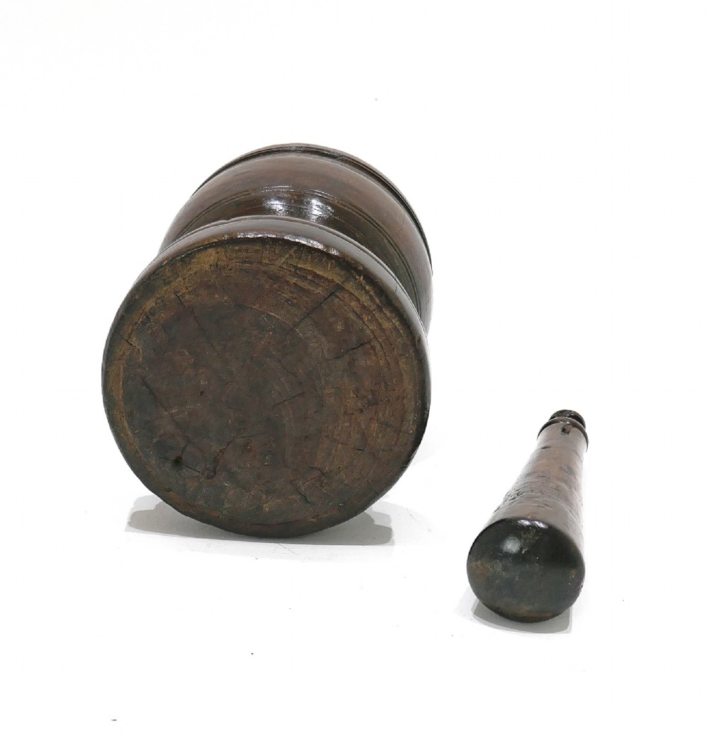 Antique Early Treen & Kitchenalia 17thc Fruitwood Pestle & Mortar.  English C1660-80. View IV