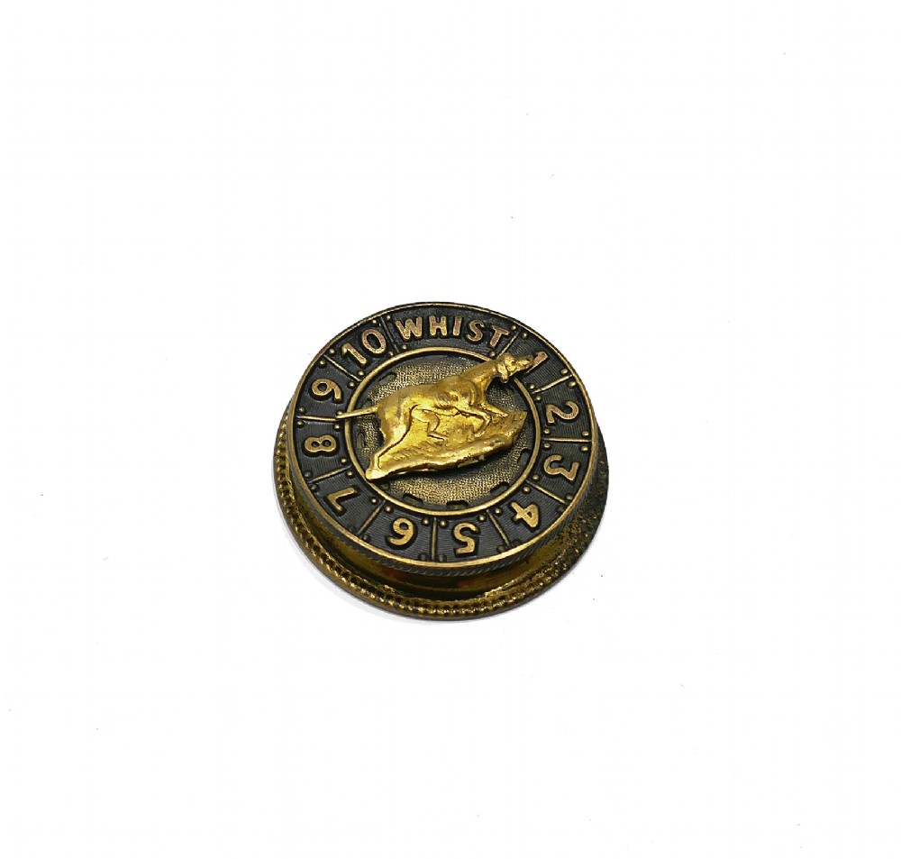 Antique 19thc Early Metalware Gilded Whist Marker Decorated With A Pointer Dog.  English C1880-90.