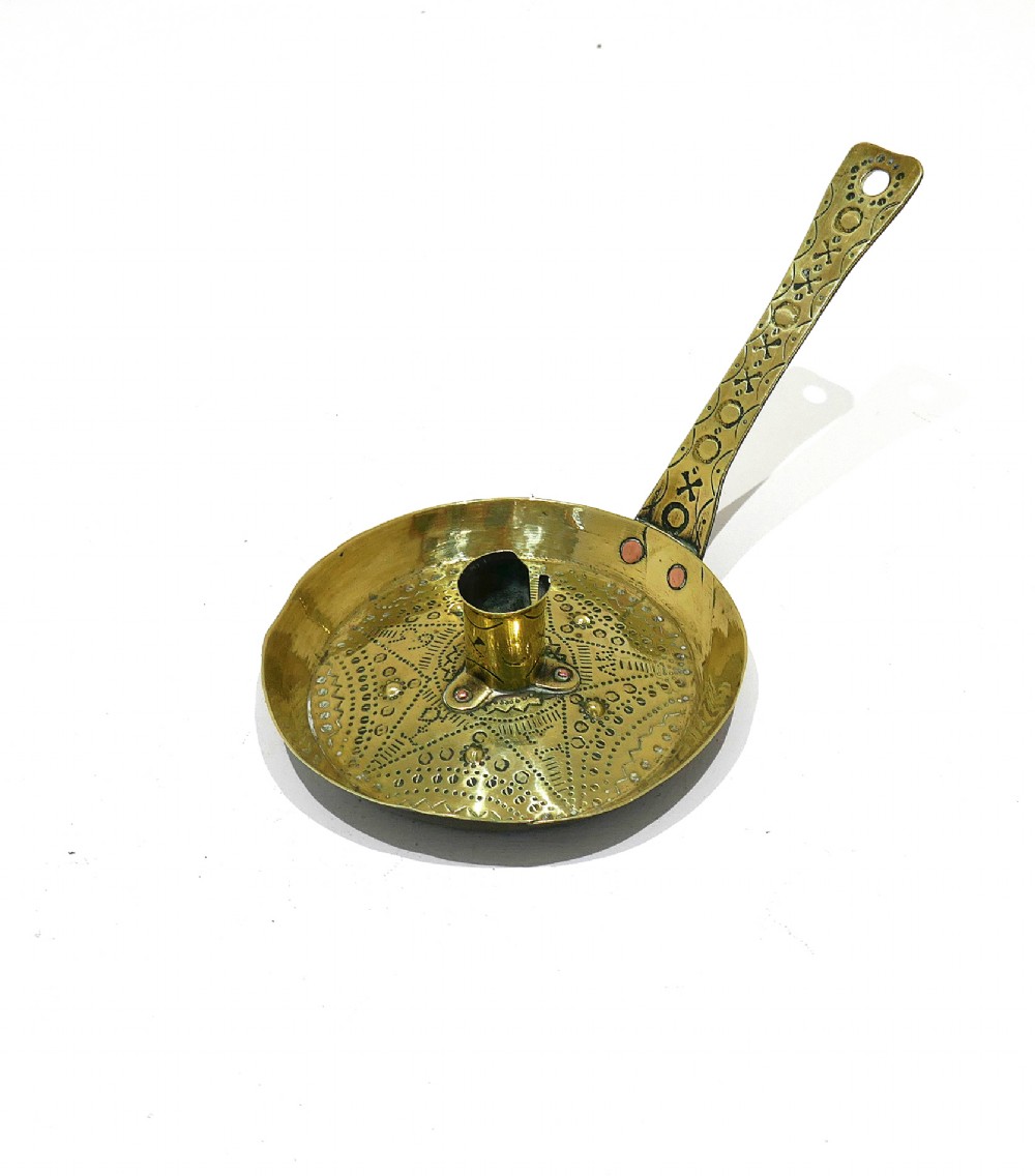 Antique Early Metalware 18thc Brass Punchwork Decorated Chamberstick Dated 1765. Dutch.