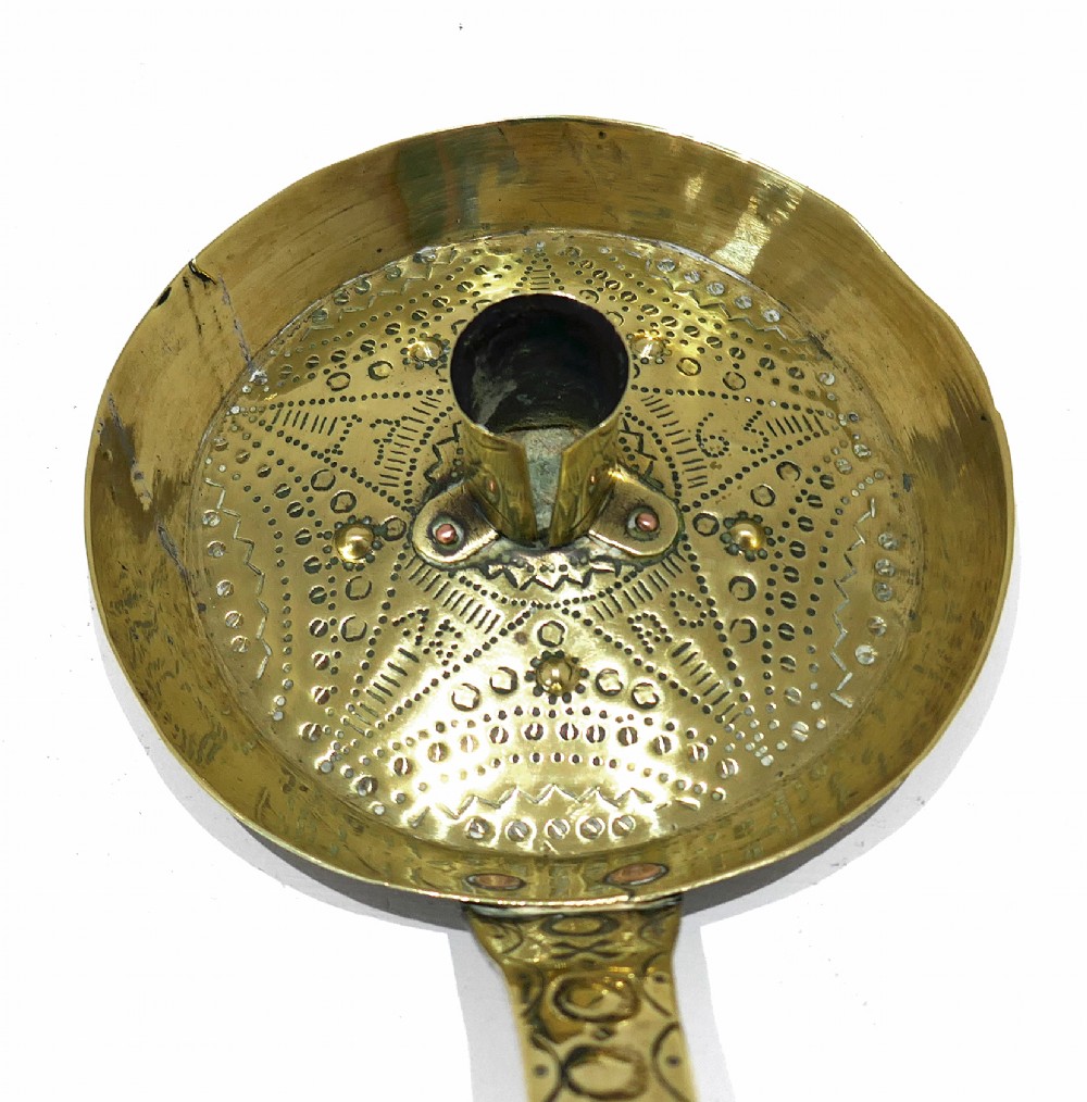 Antique Early Metalware 18thc Brass Punchwork Decorated Chamberstick Dated 1765. Dutch. View II