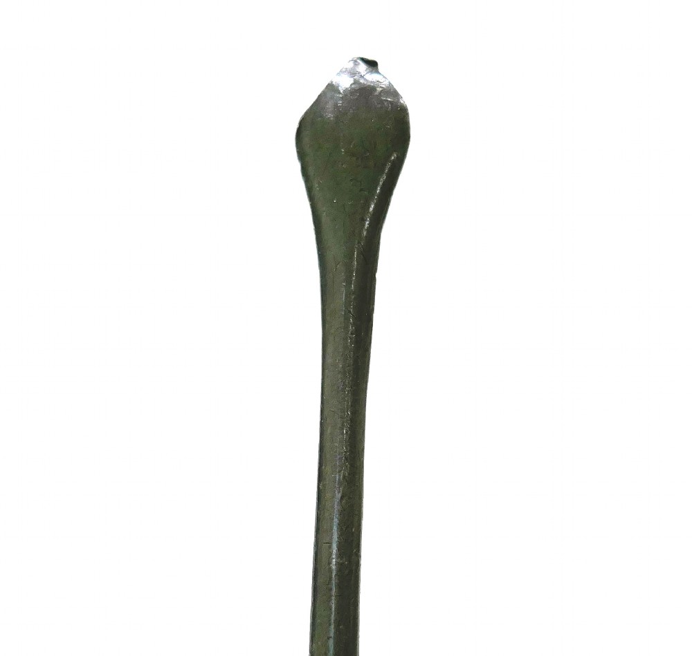 An eighteenth-century English pewter dognose spoon featuring an elongated oval bowl and an oxidised grey finish. View III
