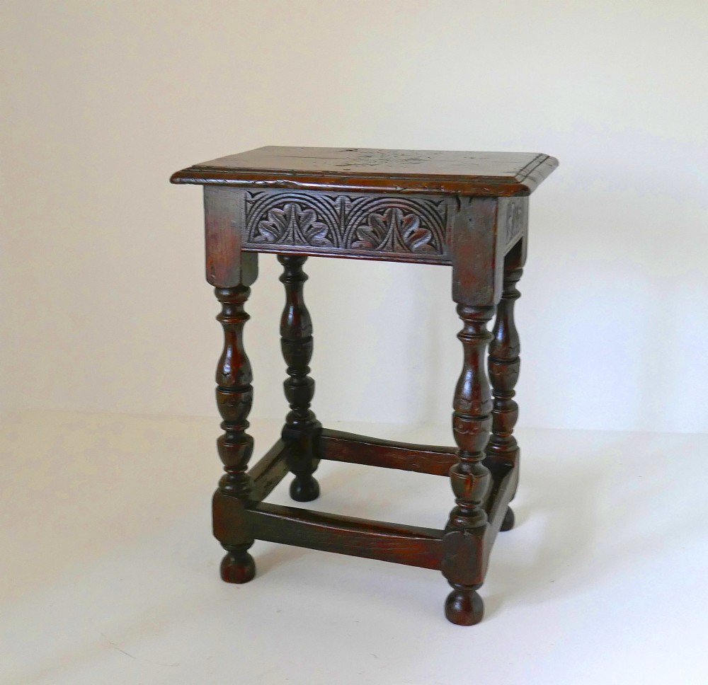 Antique 17thc Charles 1 Yew Wood Joyned Stool With Attractive Detail On Legs.  English C1625-40.