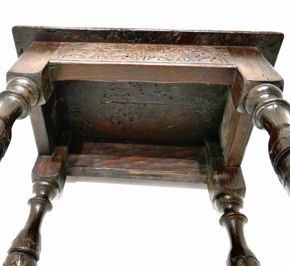 Antique 17thc Charles 1 Yew Wood Joyned Stool With Attractive Detail On Legs.  English C1625-40. View IV