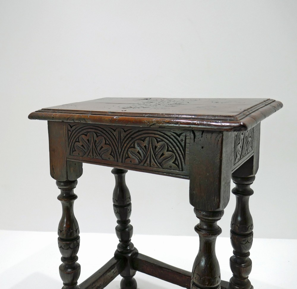 Antique 17thc Charles 1 Yew Wood Joyned Stool With Attractive Detail On Legs.  English C1625-40. View V