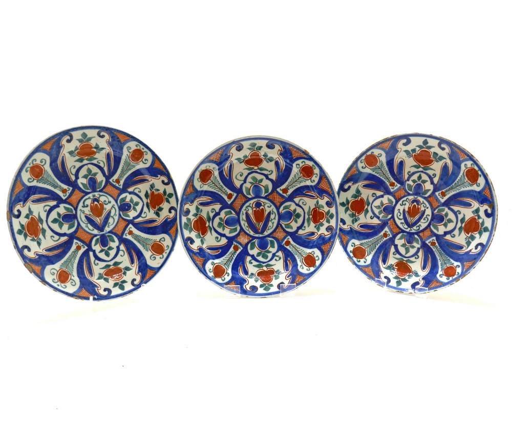 Antique Pottery 18thc Three Polychrome Dutch Delft Plates Decorated With Flower Design.  Dutch C1760-80
