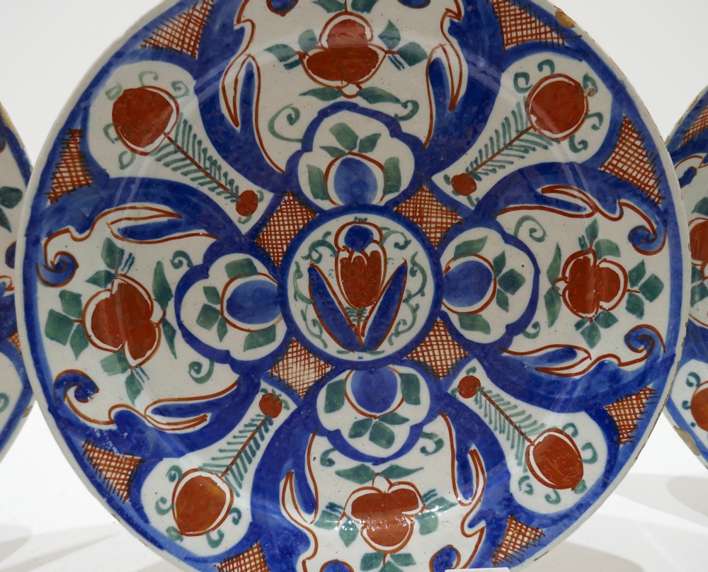 Antique Pottery 18thc Three Polychrome Dutch Delft Plates Decorated With Flower Design.  Dutch C1760-80 View II