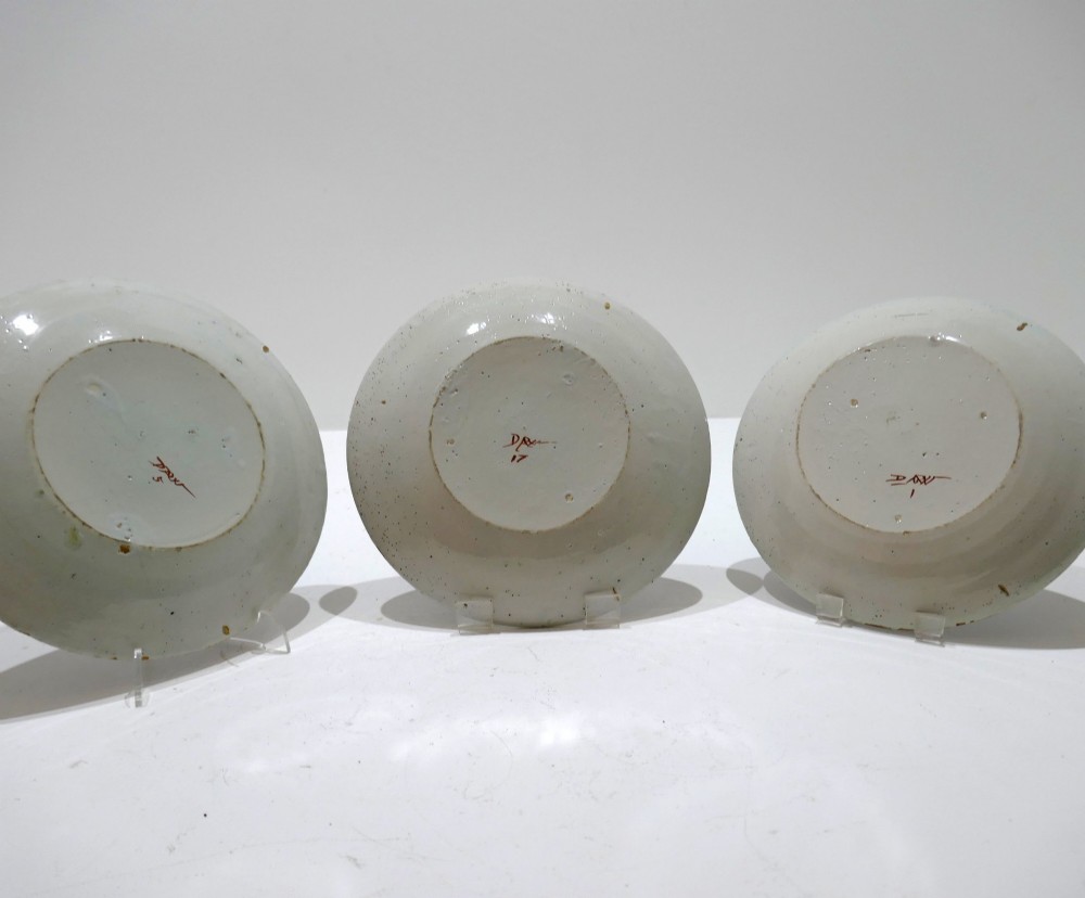 Antique Pottery 18thc Three Polychrome Dutch Delft Plates Decorated With Flower Design.  Dutch C1760-80 View III