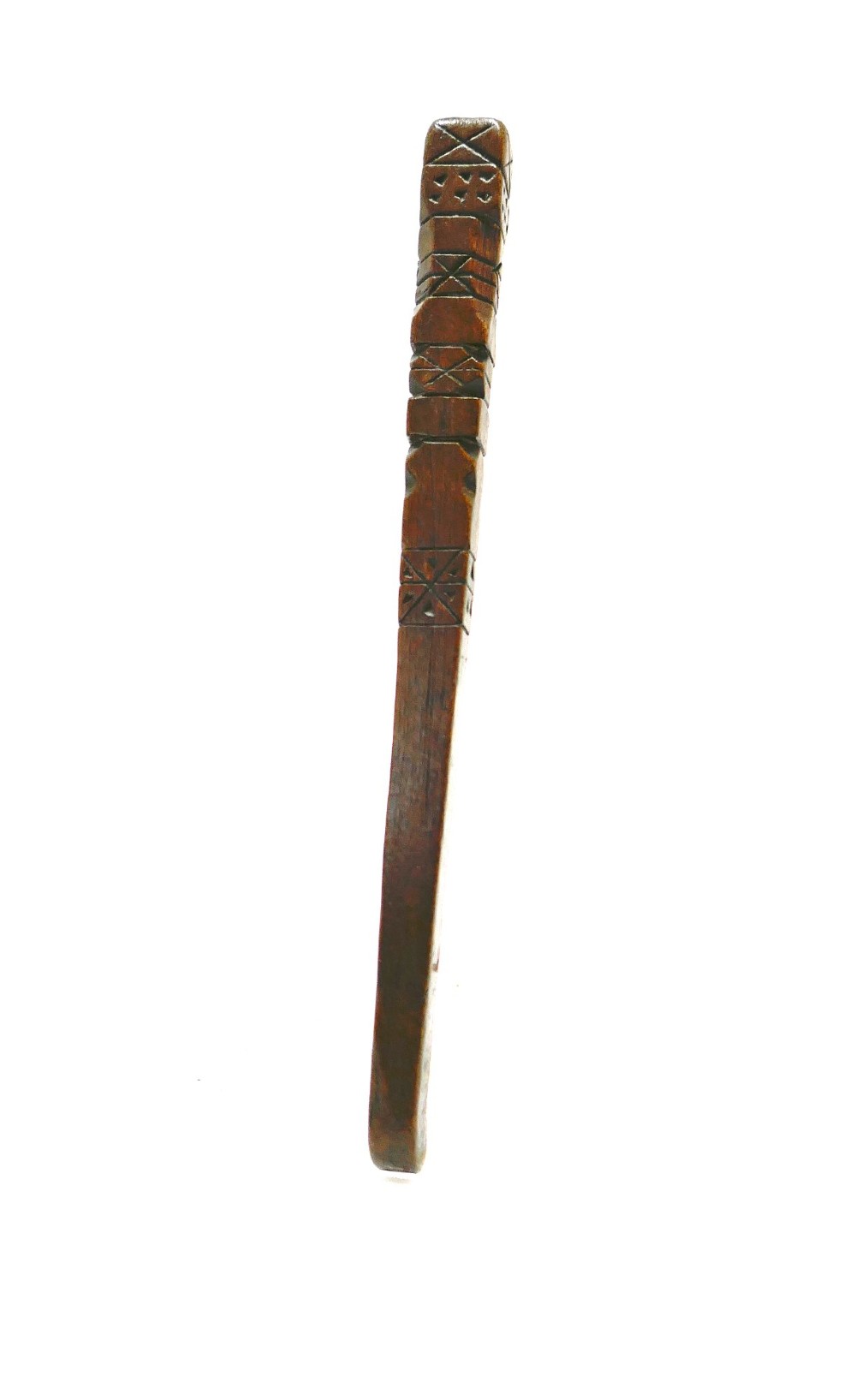 A slender nineteenth-century carved fruitwood knitting sheath featuring geometric incised lines and punchwork decoration. View II