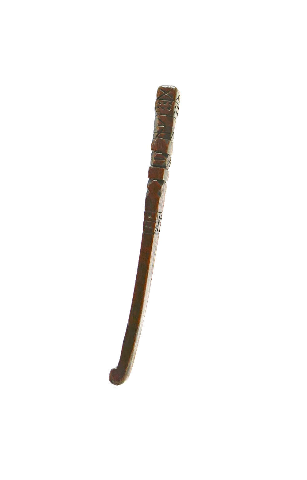 A slender nineteenth-century carved fruitwood knitting sheath featuring geometric incised lines and punchwork decoration. View III