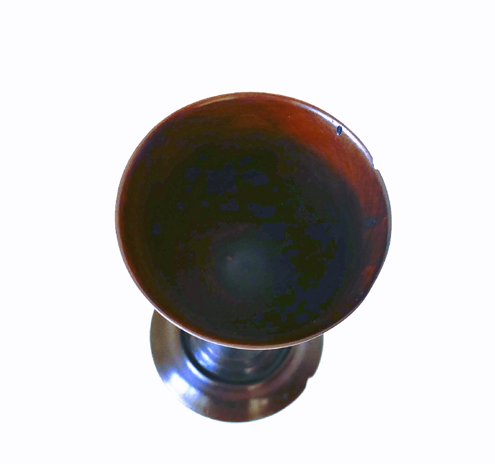 A hand-turned early 19th-century fruitwood goblet featuring a flared bowl, knopped stem, and circular pedestal base with a dark polished patina. View IV