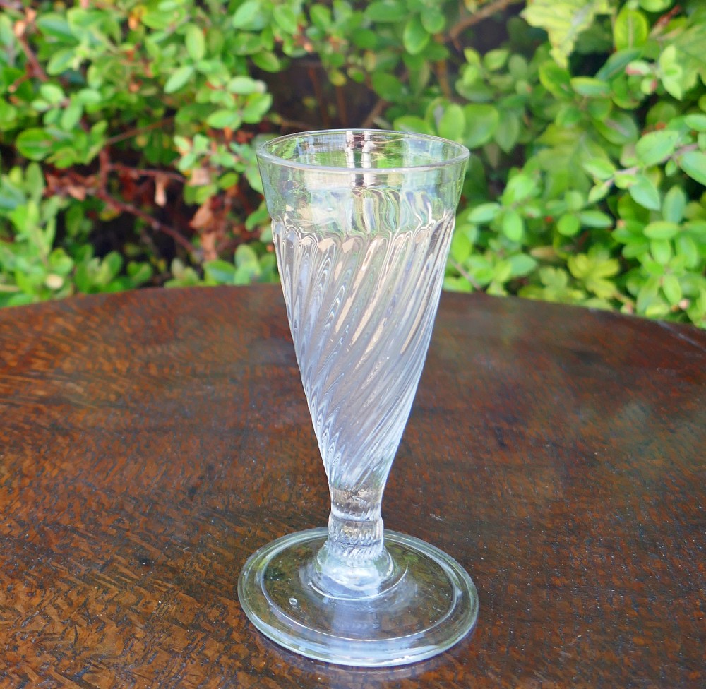 Antique Early Glass Single Mid 18thc Wrythen Ale Glass With Folded Foot.  English C1740-50.