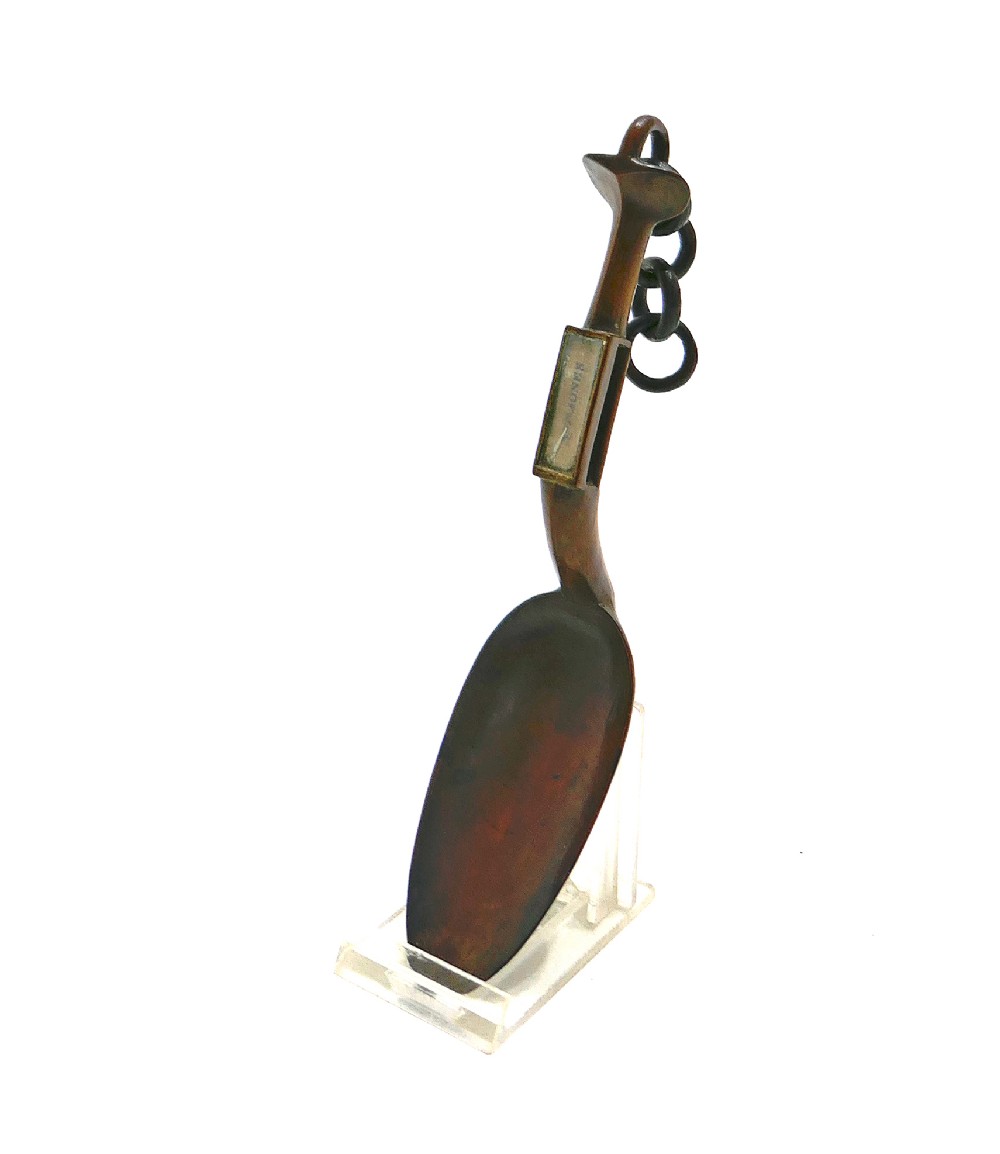 A carved fruitwood Welsh love spoon featuring an oval bowl, a framed name panel inscribed Ann Jones along the handle, and carved wooden chain links at the terminal. View IV