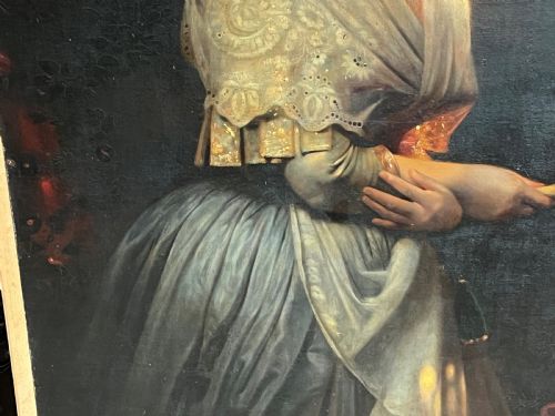 fig 4. A nineteenth-century oil painting on canvas depicting a smiling woman in a lace shawl holding a fan against a dark background.
