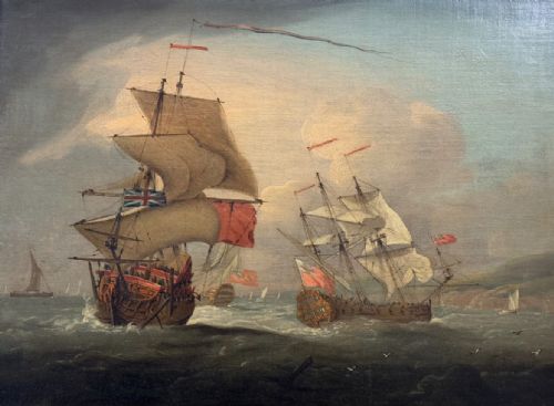 fig 1. An 18th-century marine oil painting depicting warships at sea with raised sails and flags, set within an ornate gilded wood frame.