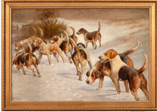 fig 1. A 19th-century oil painting by Fannie Moody portraying a pack of foxhounds in a snow-covered landscape.