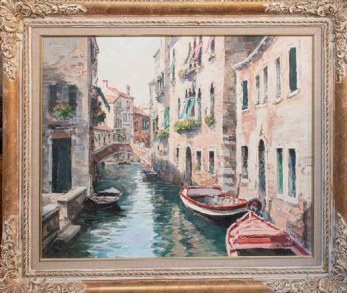 ANTIQUE OIL PAINTING OF VENICE BY FRENCH IMPRESSIONIST PAINTER CLAUDE JOUSSET 1935 A VENETIAN SCENE OF OLD VENICE MANSIONS - ADDITIONAL PHOTO 1