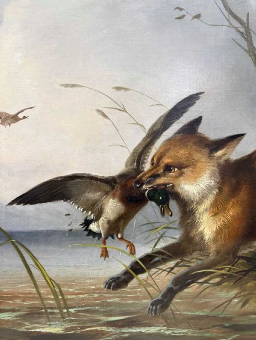 ANTIQUE OIL PAINTING BY GEORGE ARMFIELD A VERY LARGE ANTIQUE OIL PAINTING OF A FOX HUNTING IN A COUNTRY LANDSCAPE HUNTING A DUCK IN VICTORIAN 19TH CENTURY - ADDITIONAL PHOTO 2