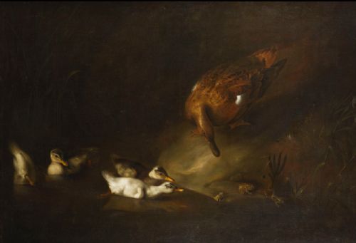 fig 1. An 18th-century oil painting depicting a female duck and ducklings alongside frogs on a riverbank, set within a carved giltwood frame.